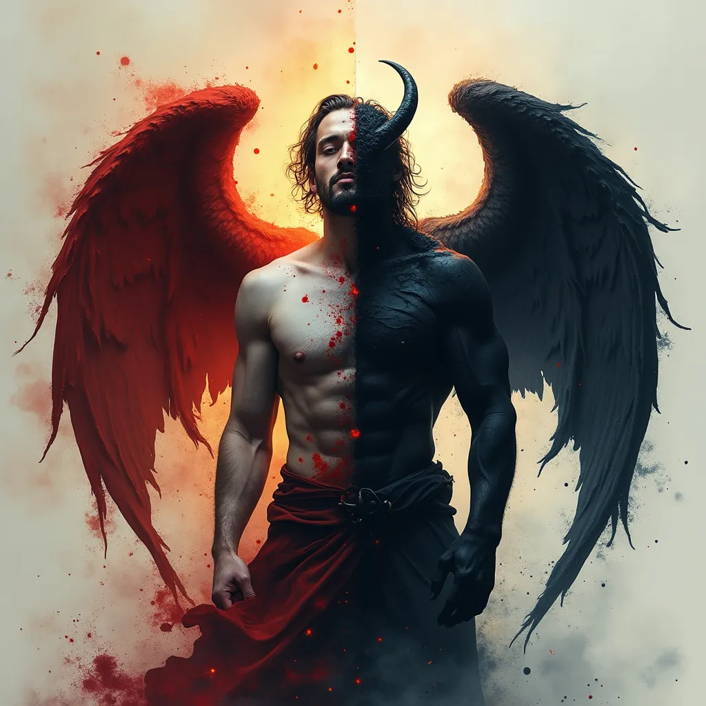 Prompt: Imagine a two-sided man one side nice and angelic the other side dark and demonic in abstract style 