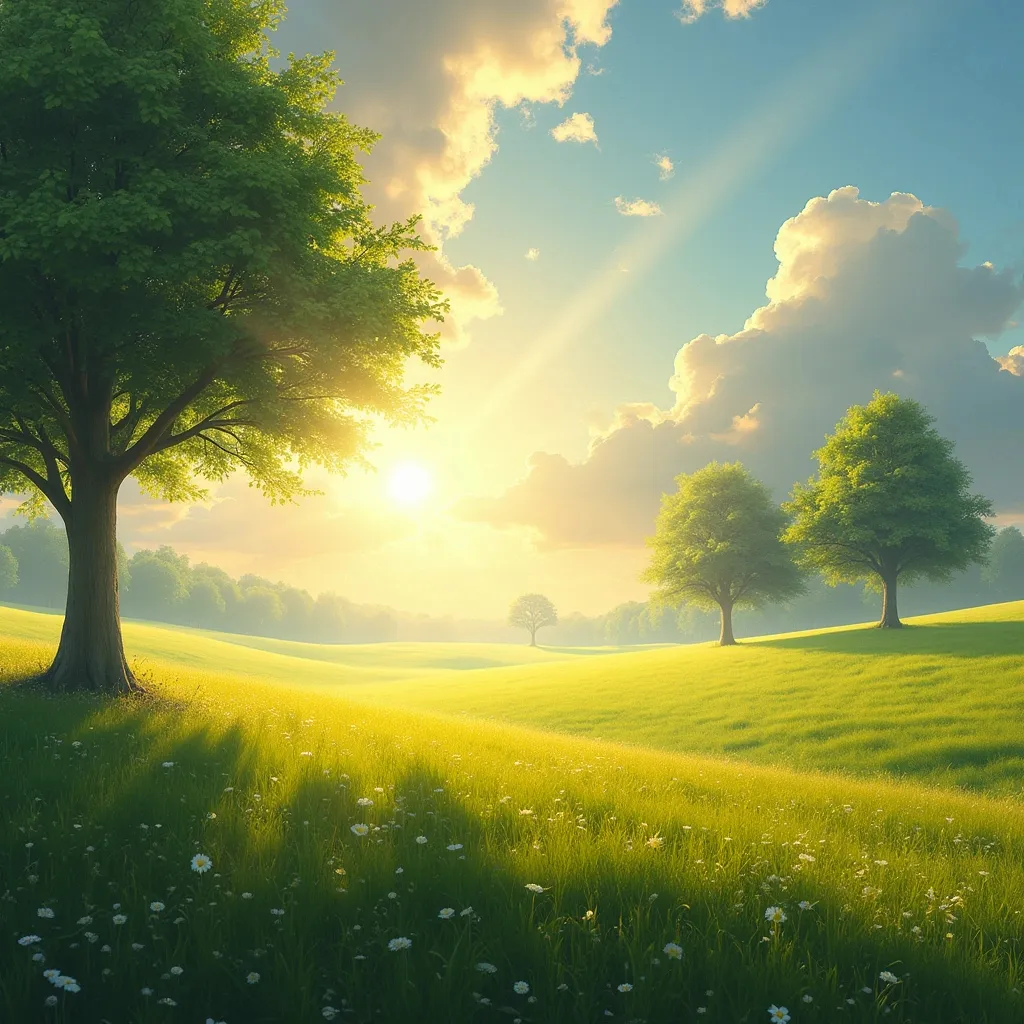 Prompt: Imagine a large beautiful meadow with a few trees and gorgeous rays of sun coming through in the style of abstract art