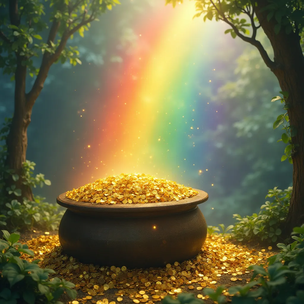 Prompt: Imagine a beautiful rainbow with a huge pot of gold at the end and a couple leprechauns squeezed in there somewhere