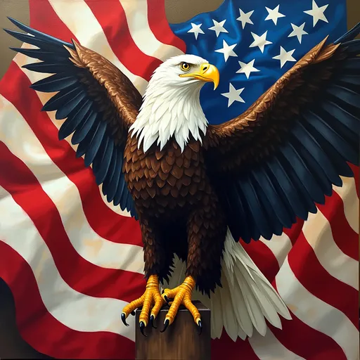 Prompt: Imagine a majestic eagle with an American flag stretched behind it with the rule of thirds in Picasso style 