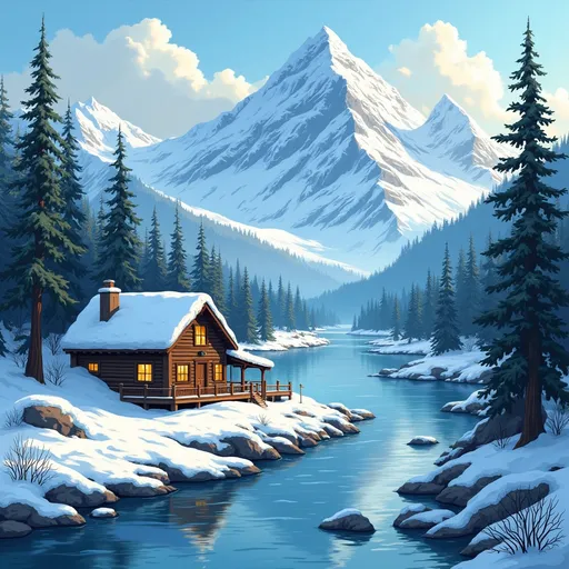 Prompt: Imagine an Alaskan mountain cabin with a river and snow on the mountains in Looney tunes style 