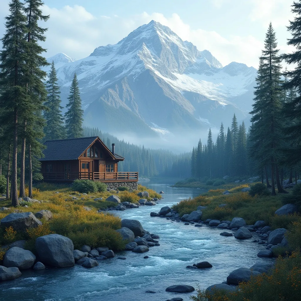 Prompt: Imagine an Alaskan mountain cabin with a river and snow on the mountains