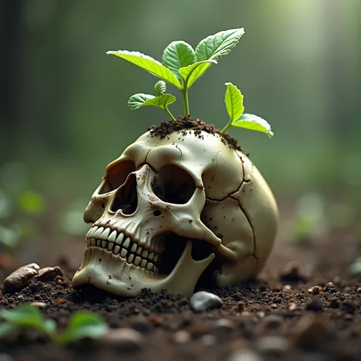 Prompt: Imagine a skull lying on the ground with new life sprouting out of it