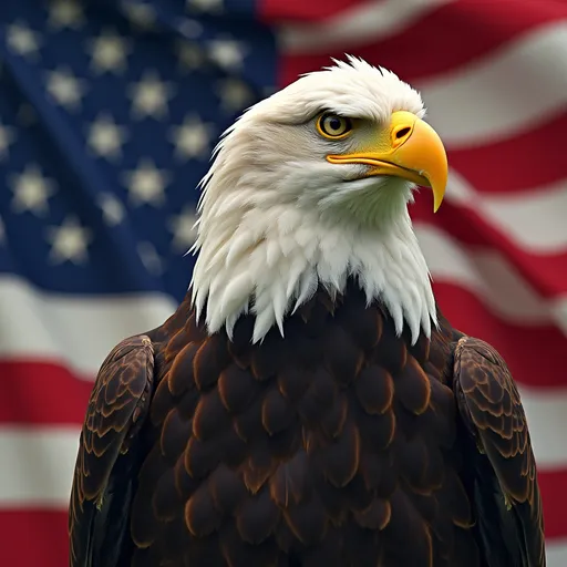 Prompt: Imagine a majestic eagle with an American flag stretched behind it with the rule of thirds