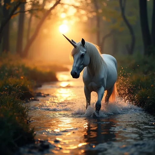 Prompt: Imagine a mystical unicorn wading through a. Brook as the sun rises in the background 