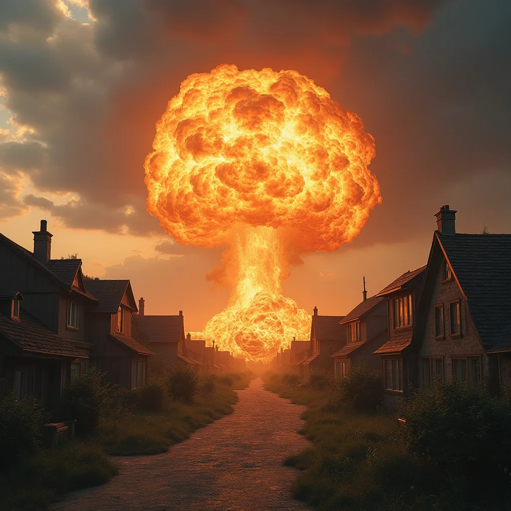 Prompt: Imagine a huge explosion in a picturesque town