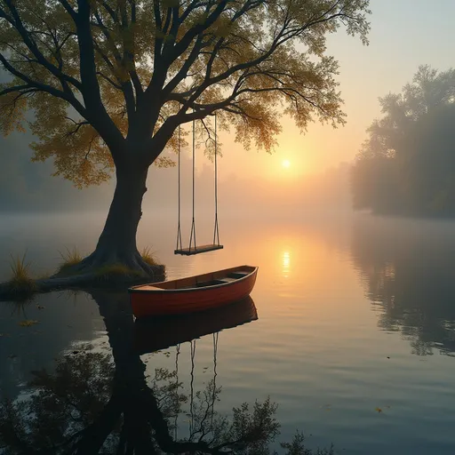 Prompt: Imagine a serene lake House with the sun rising and fog on the water and a tree swing and boat