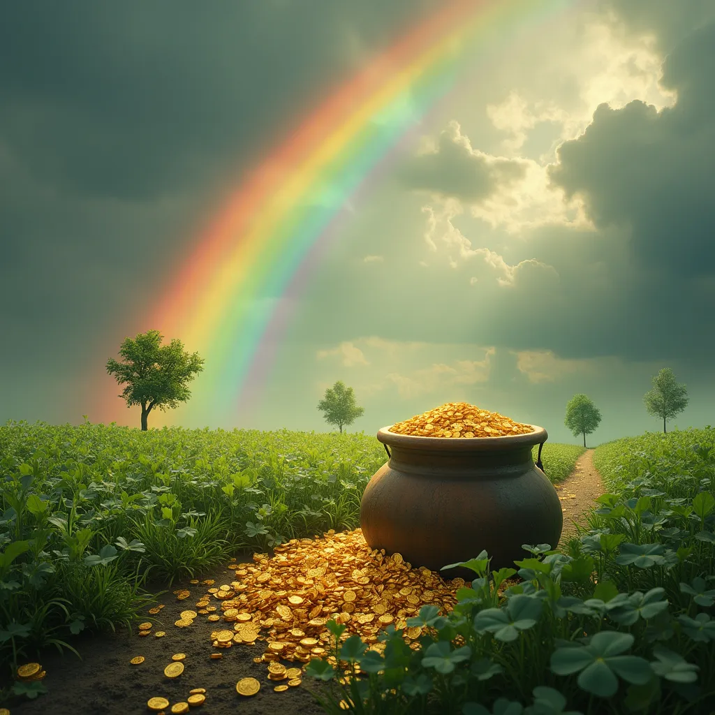 Prompt: Imagine a beautiful rainbow with a huge pot of gold at the end and a couple leprechauns squeezed in there somewhere