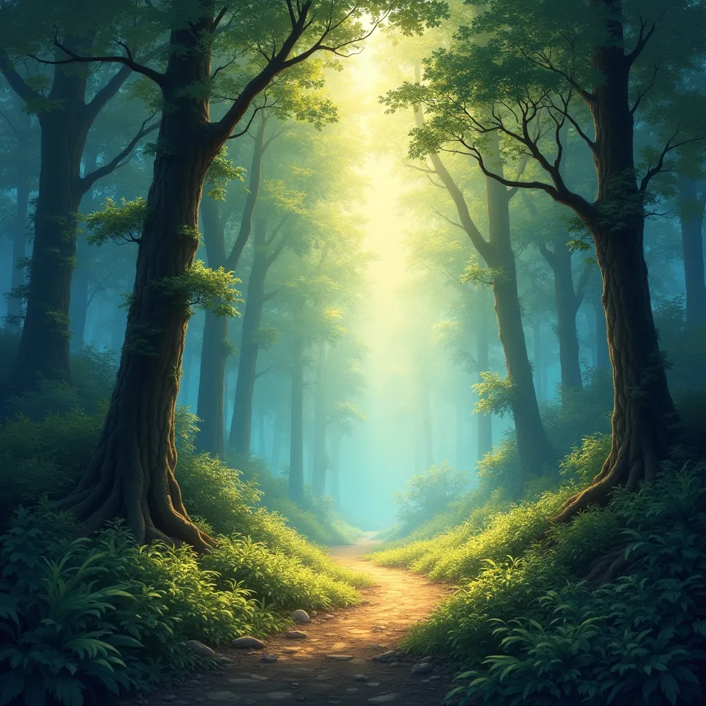 Prompt: Magical forest with sun rays and shadows original painting style 