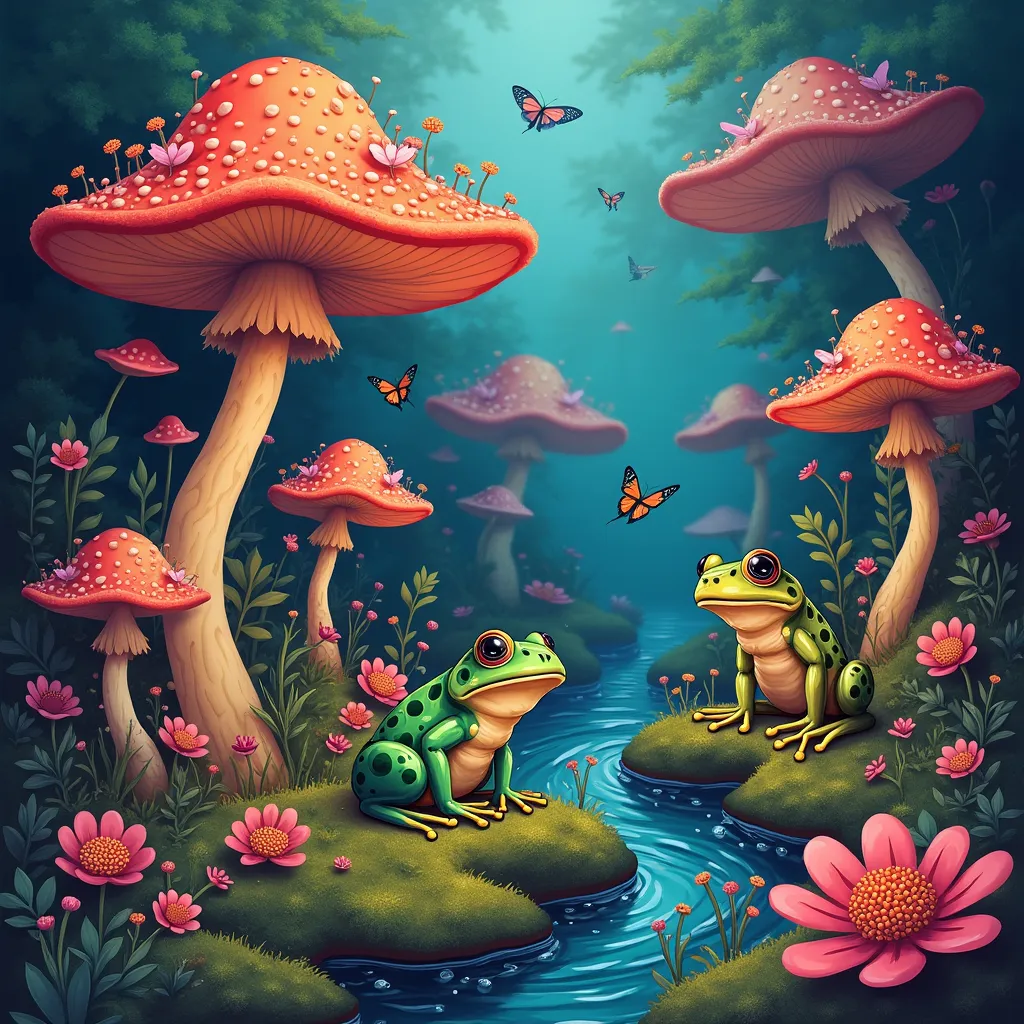 Prompt: Imagine a vivid fantasy world with trippy mushrooms and frogs 