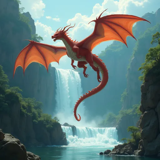 Prompt: Imagine a majestic dragon flying over a beautiful waterfall 