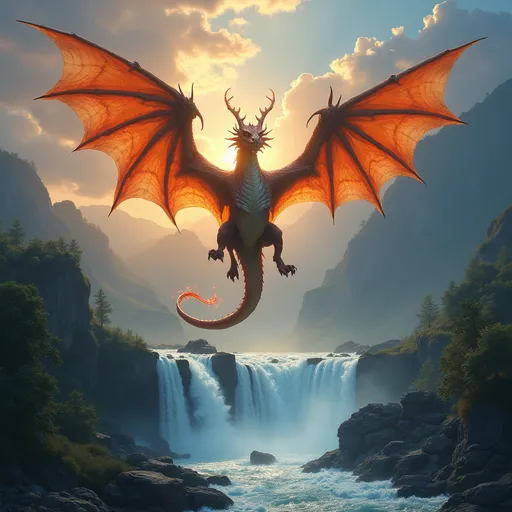 Prompt: Imagine a majestic dragon flying over a beautiful waterfall  breathing hellfire