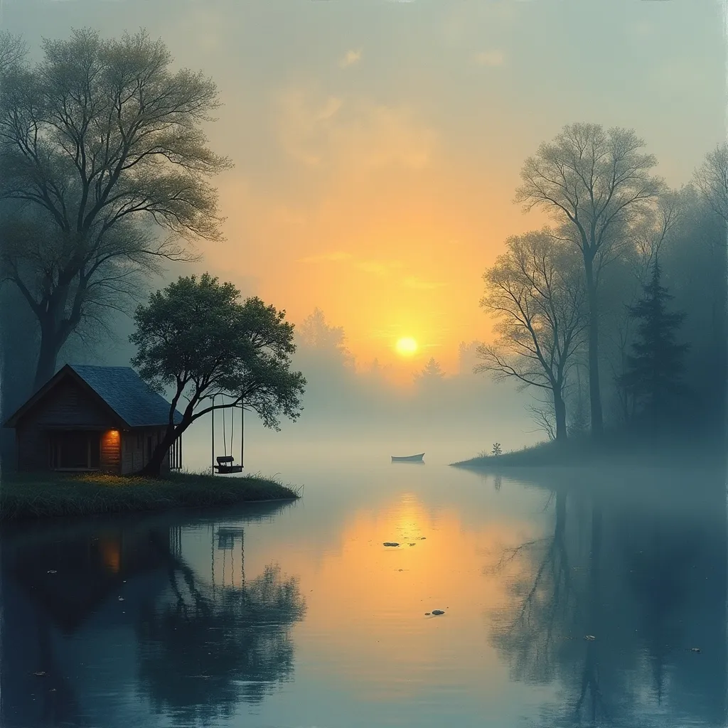 Prompt: Imagine a serene lake House with the sun rising and fog on the water and a tree swing and boat in the style of abstract art