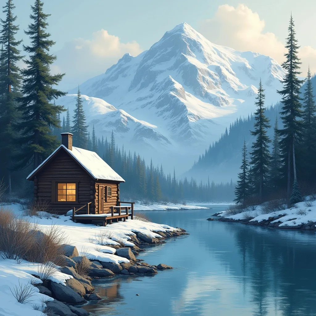Prompt: Imagine an Alaskan mountain cabin with a river and snow on the mountains in abstract style 