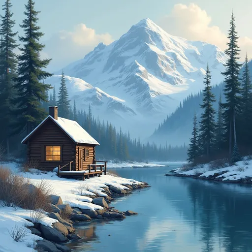 Prompt: Imagine an Alaskan mountain cabin with a river and snow on the mountains in abstract style 