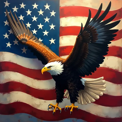 Prompt: Imagine a majestic eagle with an American flag stretched behind it with the rule of thirds in Picasso style 