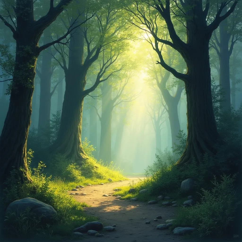 Prompt: Magical forest with sun rays and shadows original painting style 