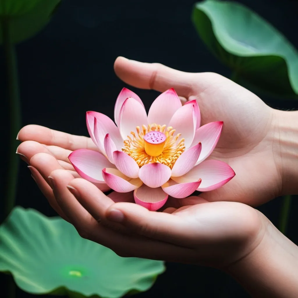 Prompt: A lotus flower in the palm of a hand 