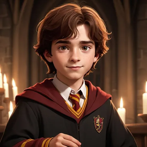 Prompt: brown haired gryffindor boy animated