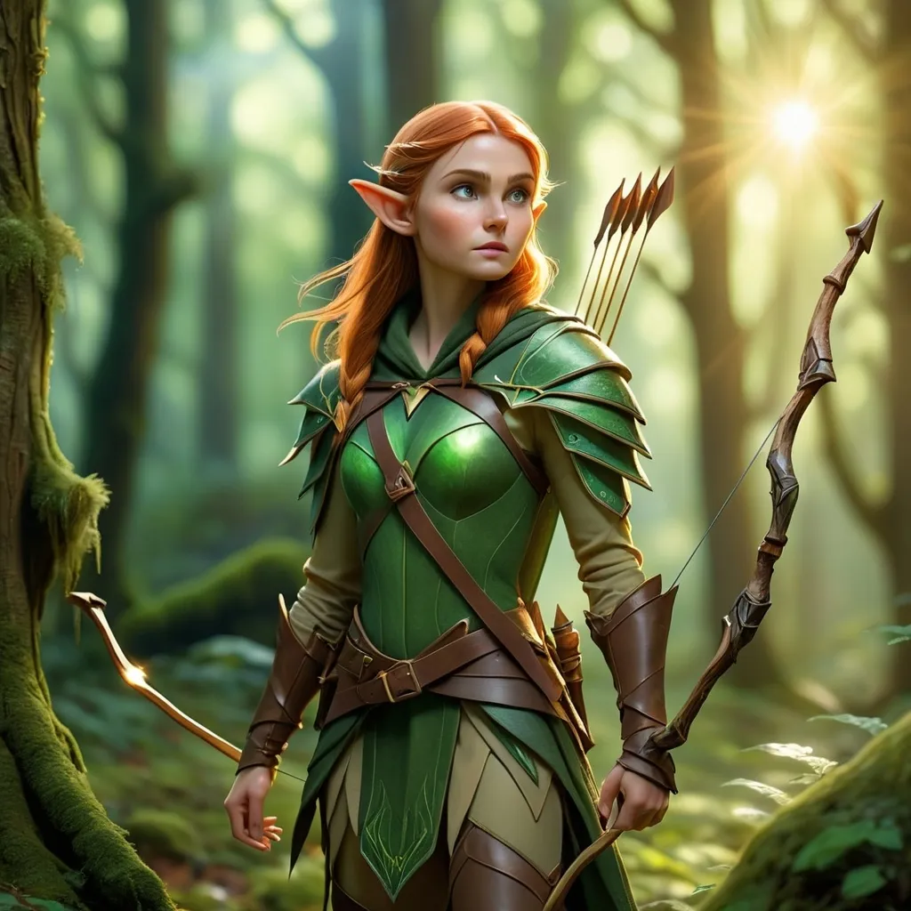 Prompt: Elf ranger in a mystical forest around sunlight