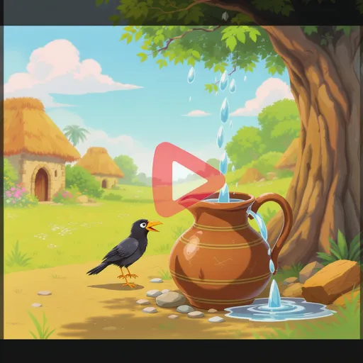 Prompt: Create a short 2D animated video in Bengali language.
Scene 1: A sunny hot day in a small Bangladeshi village. A tired black crow is flying in the sky and looking for water.
Scene 2: The crow lands on the ground and sees an earthen pitcher (kolshi) placed under a tree. The crow looks inside but the water level is very low.
Scene 3: The crow thinks sadly, then suddenly gets an idea. Show the crow finding small stones nearby.
Scene 4: The crow picks up stones one by one with its beak and drops them into the pitcher. Slowly the water rises.
Scene 5: The crow happily drinks water.