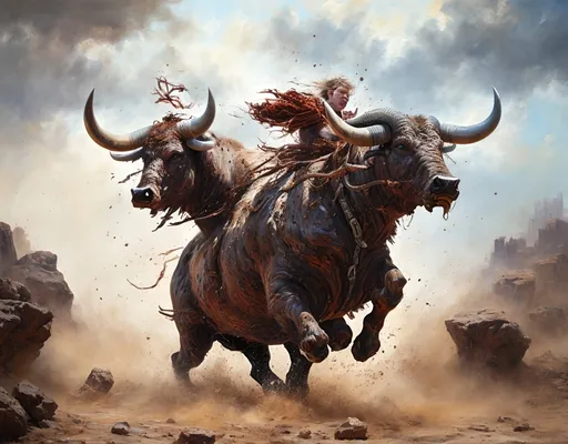 Prompt: Fast bull charging through a dynamic, energetic landscape, oil painting, dusty terrain, powerful muscles in motion, intense and focused gaze, dramatic lighting, high resolution, vibrant color palette, dynamic brushstrokes, oil painting, powerful, energetic, dynamic, intense, high quality, vibrant colors, dramatic lighting