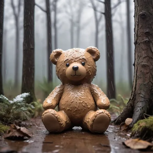 Prompt: teddy bear pooping in woods. full scale. rain and winter background