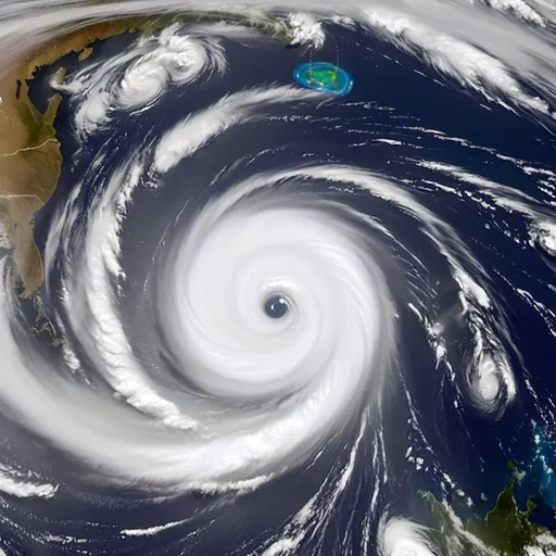 Prompt: Super typhoon in flat spiral form over the Pacific Ocean