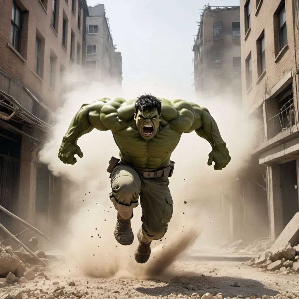 Prompt: a hulk-like person dressed in military clothing jumps forward with the effect of dust and gravel scattering under his feet, the background of collapsed buildings full of military action runs forward with an angry face