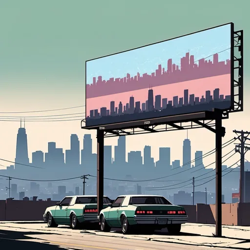 Prompt: minimalist design, (GTA V cover art), city skyline, drastically simplified, broken billboard featuring (accurately spelled text "Cool Chaos Coffee Company"), cool color palette, muted tones, (high contrast) elements, modern aesthetic, clean lines, minimal details, ultra-detailed, 4K quality, serene ambiance, eerie quietness, captivating yet simple backdrop.