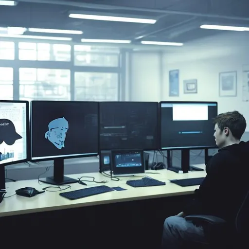 Prompt: Generate an image that features a person from the back right side, wearing a black sweat shirt.. The person is seated in front of a desk with a dual monitor computer setup. On the desk, there is also a blueish mug to the right of the keyboard. 
The workspace has a modern, professional  office-like appearance with a large, framed picture or window showing an architectural design or structure in the background with someone blurry in the scene to give more realistic appearance as if it's in a real company office.