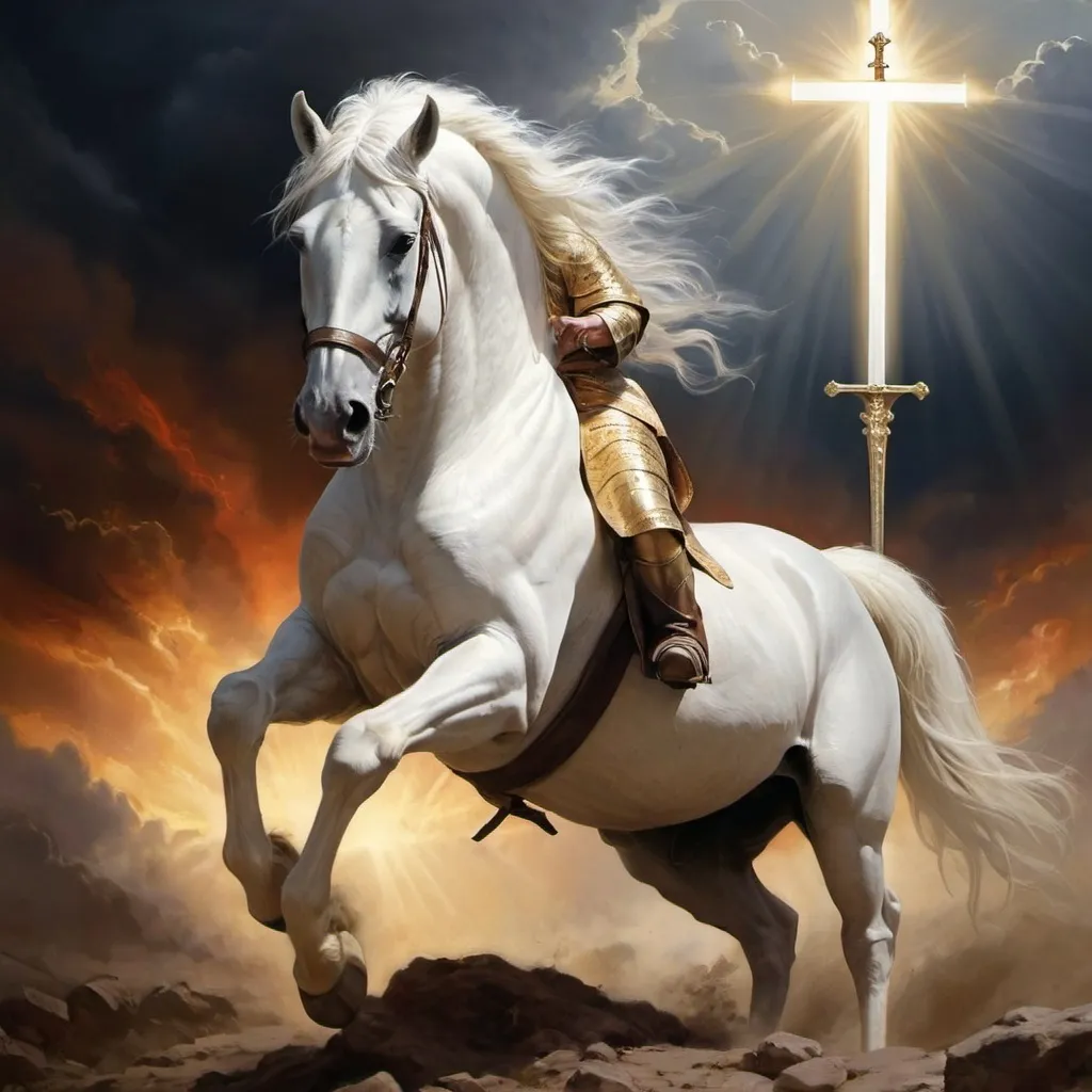 Prompt:  Then I saw heaven opened, and behold, a white horse! The one sitting on it is called Faithful and True, and in righteousness he judges and makes war. 12 His eyes are like a flame of fire, and on his head are many diadems, and he has a name written that no one knows but himself. 13 He is clothed in a robe dipped in[a] blood, and the name by which he is called is The Word of God. 14 And the armies of heaven, arrayed in fine linen, white and pure, were following him on white horses. 15 From his mouth comes a sharp sword with which to strike down the nations, and he will rule[b] them with a rod of iron. He will tread the winepress of the fury of the wrath of God the Almighty. 16 On his robe and on his thigh he has a name written, King of kings and Lord of lords. Jesus Christ of nazareth
