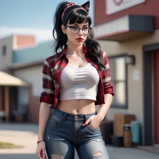 Prompt: ((Full view )) curvy, nerdy with thick  framed cats eye glasses, rockabilly female with black hair in a ponytail with bangs and a bandana headband, plaid shirt tied off in front, tight fitting high waist capri jeans with thick fuzzy white socks and converse shoes, 8k, 8k photo, hyper realistic, hyper realism, photo realistic, photo realism warm colors, soft tones, real skin texture, atmospheric, photorealistic, High resolution, 8k, HDR, canon 5d mark III, Canon EF 85mm f/1.2L II USM lens, uhd, high definition,  ultra high definition 