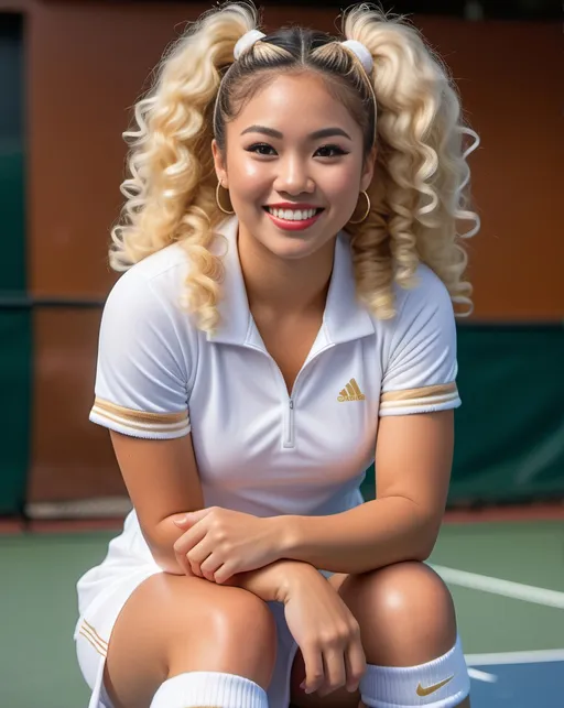 Prompt: ((Full view, head to toe including socks)) Aged mid 20s Filipino pinup tennis player with thick fuzzy white sweatbands on her wrists and forehead and knee high thick fuzzy terry cuff socks and a white tennis dress. Long curly pale golden blonde in pigtails, Sultry pose, 8k, 8k photo, ultra realistic, hyper realism, photo realism, real life, rich terry texture,  cute smile, soft tones, warm colors, indoors, bedroom setting