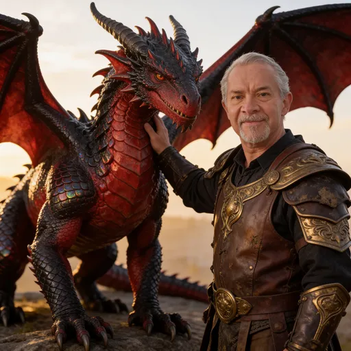 Prompt: Hyperrealistic cinematic photograph of the man pictured. His facial features were preserved (no alterations). He has a platinum gray face, a platinum gray goatee, and a pleasant, enigmatic smile.
He wears worn leather armor with gold-colored metal embellishments.
He stands next to a huge, biologically accurate red and black dragon with iridescent dark scales, muscular limbs, and textured membranous wings.
The man rests one hand on the dragon's neck. The image features soft golden hour lighting, shallow depth of field, photorealistic rendering, in the style of National Geographic wildlife photography, 4K resolution, and ultra-detailed.
