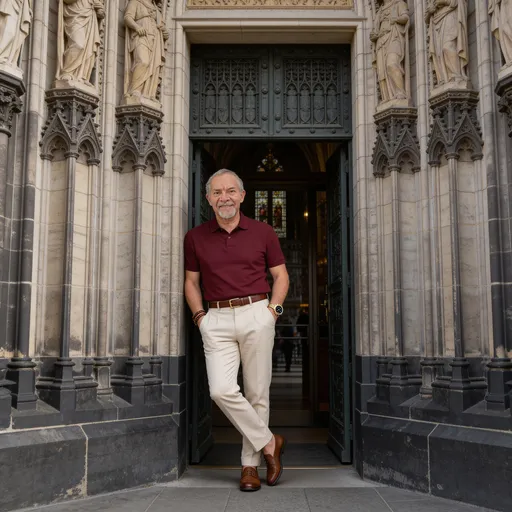 Prompt: The man is standing and leaning against the doorway of Cologne Cathedral (Germany), with his hands in his trouser pockets.
He is looking directly at the camera with a lovely and nice smile.

He is wearing a burgundy polo shirt, light beige straight-cut casual trousers, an elegant brown belt, and impeccable brown shoes.

His accessories include a gold Rolex watch with a black face and a pair of leather bracelets on his other wrist.