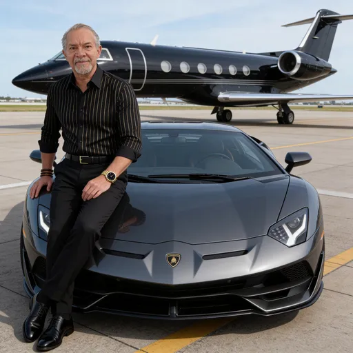 Prompt: The man is leaning against the hood of a modern European sports car. Behind the car, a black private jet is visible. They are positioned on an airport runway.

His facial features from the reference image should be preserved (without modifications): face, platinum gray hair, platinum gray goatee, and braces on his arm and both legs. He has a pleasant, sophisticated smile and wears a range of striking colors.

He is wearing a black dress shirt (Blackberry style) with a fine, elegant gold vertical stripe pattern. The collar is classic and stiff. He is wearing straight-leg black dress pants, a black elegant belt, and well-polished black Oxford dress shoes.

His accessories include a gold watch with a gold band and a black face, and a pair of leather bracelets on his other wrist.

The lighting is natural, at midday.

The image was taken from the front to capture the entire environment with a full-frame camera, f/1.4 aperture, 35mm lens, 4K and HD resolution.

Important: Do not alter your facial features (do not alter any of them): face, platinum gray hair, platinum gray goatee, braces on arms and legs, your pleasant and sophisticated smile, using a range of striking colors. Follow all requested instructions.
