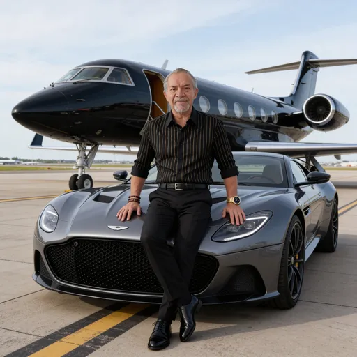 Prompt: The man is leaning against the hood of a modern European sports car. Behind the car, a black private jet is visible. They are positioned on an airport runway.

His facial features from the reference image should be preserved (without modifications): face, platinum gray hair, platinum gray goatee, and braces on his arm and both legs. He has a pleasant, sophisticated smile and wears a range of striking colors.

He is wearing a black dress shirt (Blackberry style) with a fine, elegant gold vertical stripe pattern. The collar is classic and stiff. He is wearing straight-leg black dress pants, a black elegant belt, and well-polished black Oxford dress shoes.

His accessories include a gold watch with a gold band and a black face, and a pair of leather bracelets on his other wrist.

The lighting is natural, at midday.

The image was taken from the front to capture the entire environment with a full-frame camera, f/1.4 aperture, 35mm lens, 4K and HD resolution.

Important: Do not alter your facial features (do not alter any of them): face, platinum gray hair, platinum gray goatee, braces on arms and legs, your pleasant and sophisticated smile, using a range of striking colors. Follow all requested instructions.