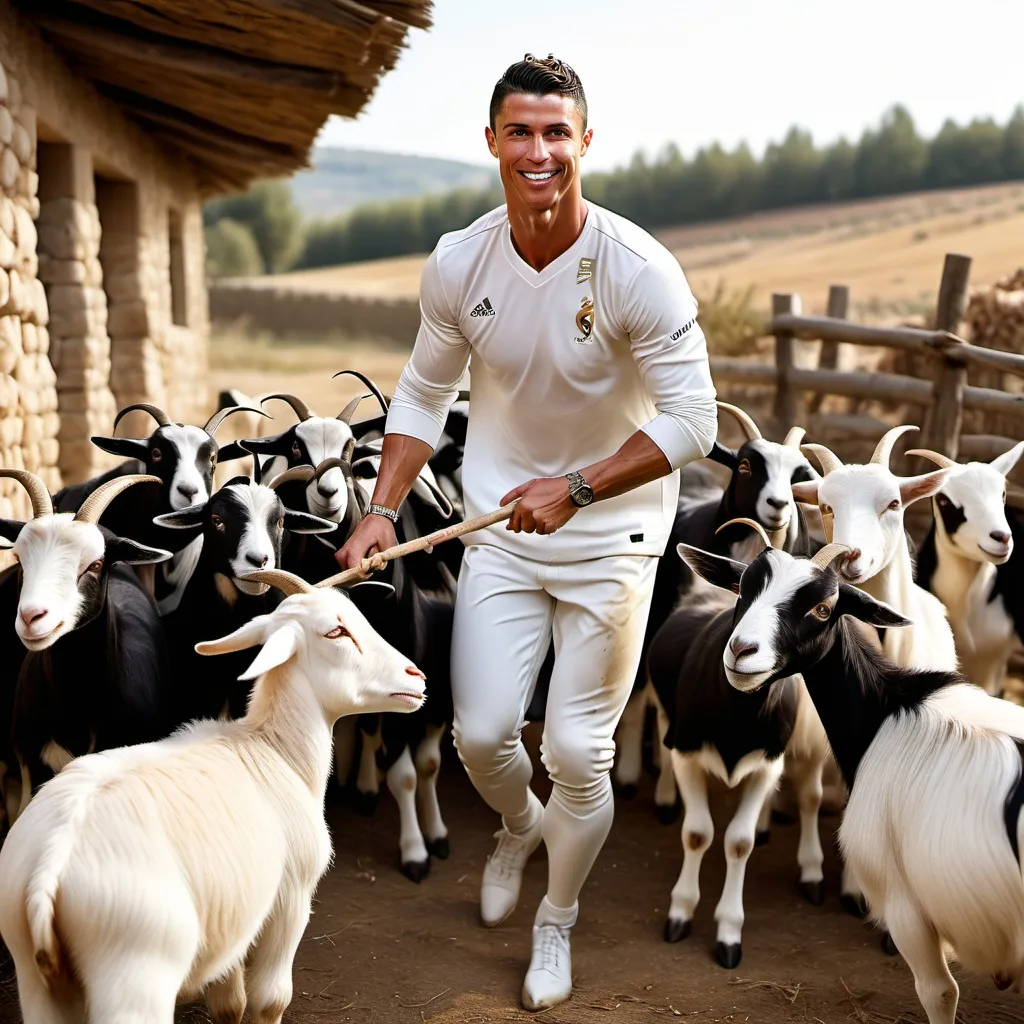 Prompt: 
“Cristiano Ronaldo is playfully herding goats with a stick in his hand, smiling and looking lively. He’s in a rustic, countryside setting with a few goats around him, and the background has a clear sky, giving a warm, natural vibe.”

