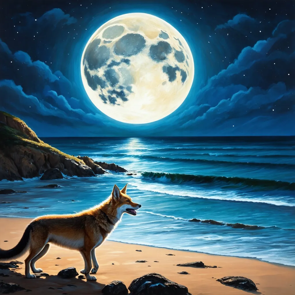 Prompt: moonlit beach of the barbary coast  with a coyote howling at the moon