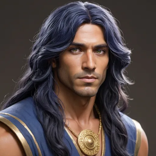 Prompt: Armino has long wavy indigo hair, tan skin and vibrant gold eyes.  He is very worried about his daughter Craela whom he wishes he could protect from the harsh realities of the world.