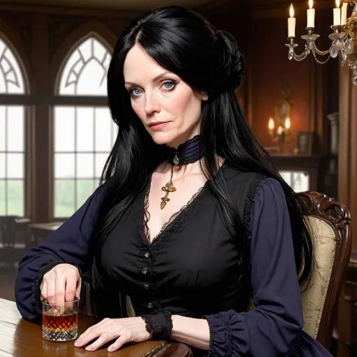 Prompt: Coran, age 50, has long flowing black hair, pale skin and cloudy dark blue eyes.  She sits in a Victorian parlor drinking whiskey from a bottle.  She wears a long black tunic over purple pants.  She thinks of the planet she loves and knows it's in trouble.  She knows she has to stop drinking but it is too hard right now.