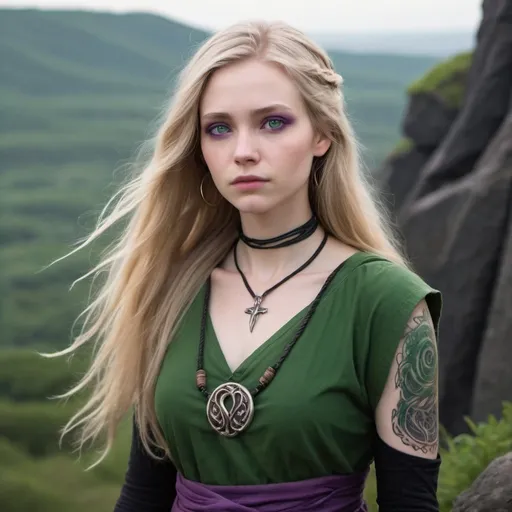 Prompt: Craela, aged 18, has long flowing blonde hair, purple eyes, pale skin and a purple snake tattoo around her neck like a choker.  She wears a green tunic over black pants, and stands on top of a large hill looking out over the horizon.  She is feeling mixed emotions; love, hope, excitement for her future with the man she loves, combined with frustration and pain for the coming war she will have to fight, and the knowledge that her whole family could die, but Craela is determined, hopeful, and sure of two things: her connection with the Goddess and her connection with the man she loves.