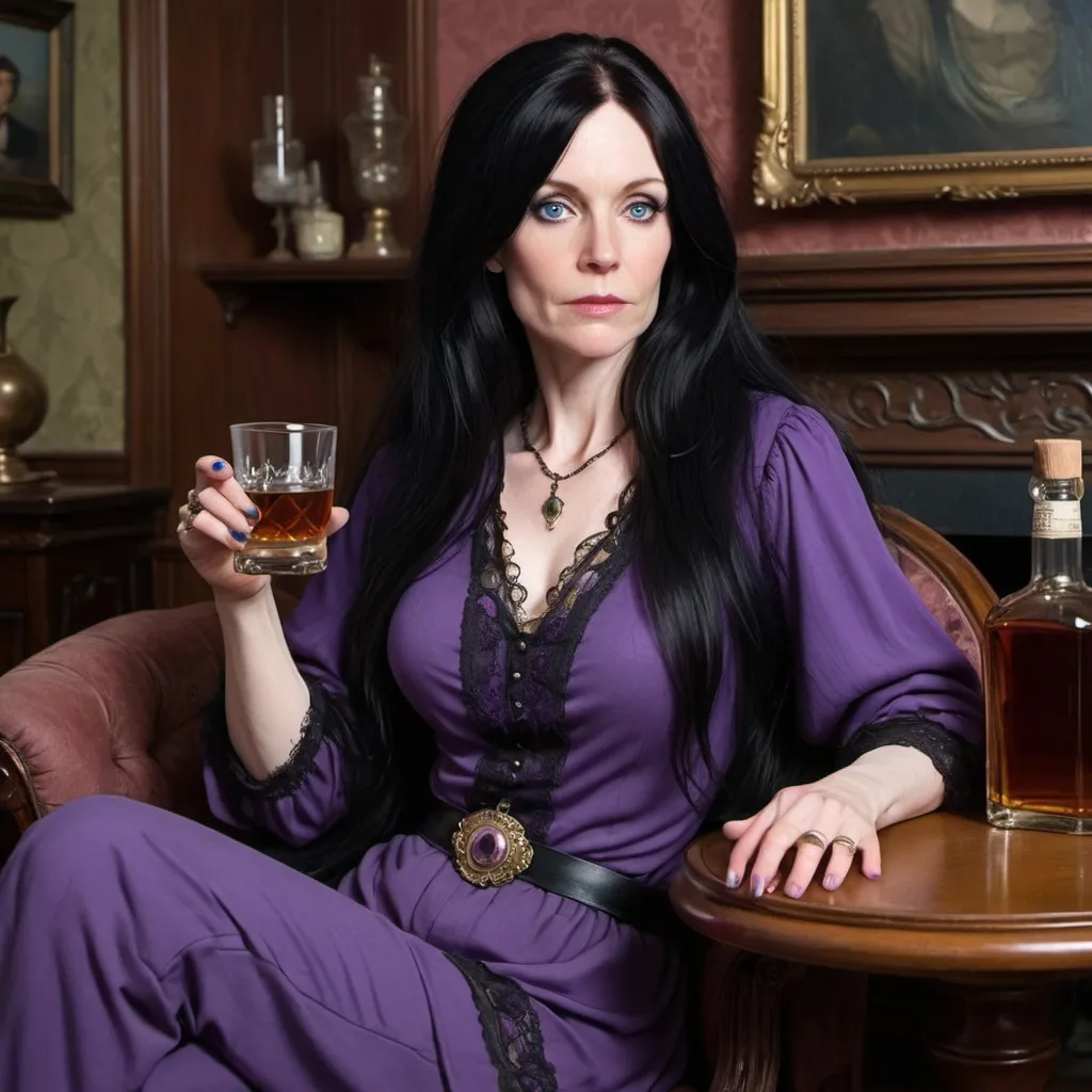 Prompt: Coran, age 50, has long flowing black hair, pale skin and cloudy dark blue eyes.  She sits in a Victorian parlor drinking whiskey from a bottle.  She wears a long black tunic over purple pants.  She thinks of the planet she loves and knows it's in trouble.  She knows she has to stop drinking but it is too hard right now.