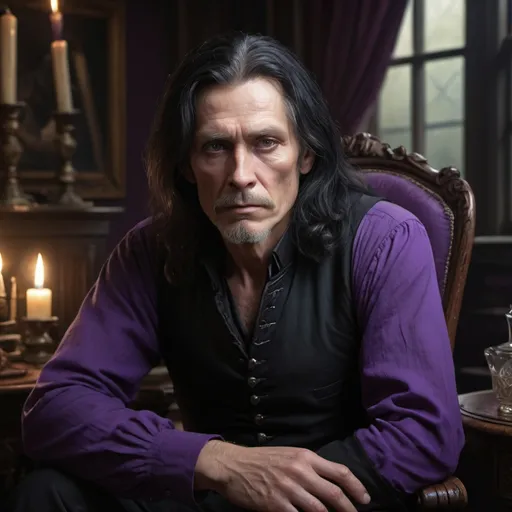 Prompt: Tanna is a tall, lean man of 60 years old.  He has long flowing black hair, pale skin, brooding black eyes, black tunic over purple shirt, sitting in a Victorian parlor, longing, wretched war, love, detailed eyes, Victorian setting, emotional, highres, detailed, brooding, atmospheric lighting