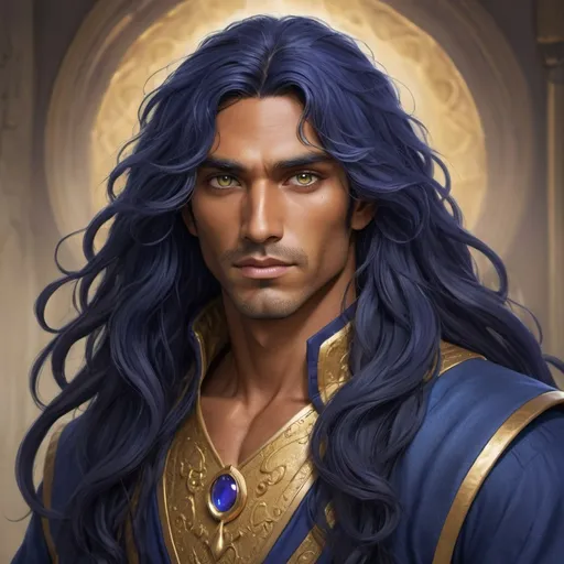 Prompt: Armino has long wavy indigo hair, tan skin and vibrant gold eyes.  He is very worried about his daughter Craela whom he wishes he could protect from the harsh realities of the world.