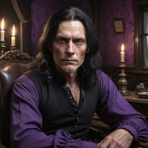 Prompt: Tanna is a tall, lean man of 60 years old.  He has long flowing black hair, pale skin, brooding black eyes, black tunic over purple shirt, sitting in a Victorian parlor, longing, wretched war, love, detailed eyes, Victorian setting, emotional, highres, detailed, brooding, atmospheric lighting