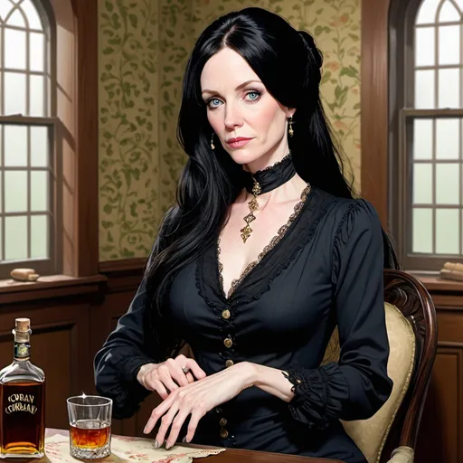 Prompt: Coran, age 50, has long flowing black hair, pale skin and cloudy dark blue eyes.  She sits in a Victorian parlor drinking whiskey from a bottle.  She wears a long black tunic over purple pants.  She thinks of the planet she loves and knows it's in trouble.  She knows she has to stop drinking but it is too hard right now.