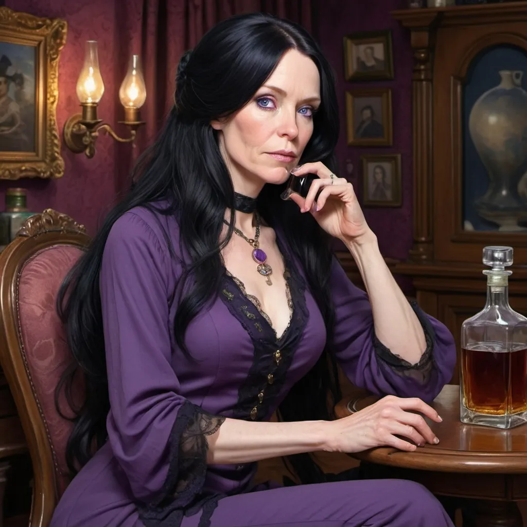 Prompt: Coran, age 50, has long flowing black hair, pale skin and cloudy dark blue eyes.  She sits in a Victorian parlor drinking whiskey from a bottle.  She wears a long black tunic over purple pants.  She thinks of the planet she loves and knows it's in trouble.  She knows she has to stop drinking but it is too hard right now.