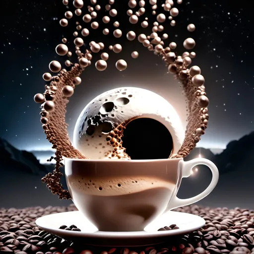 Prompt: a surreal scene reminiscent of Salvador Dalí's style, a 3D moon delicately dipped in half into a cup of coffee. The coffee's surface should exude a shiny, liquid quality, bathed in the silver sheen of moonlight. Capture this dream-like composition through the lens of a wide-angle camera with a 90-degree field of view,  surrealism, romanticism, Salvador Dalí style vision, surrealist, dreamlike, precise,